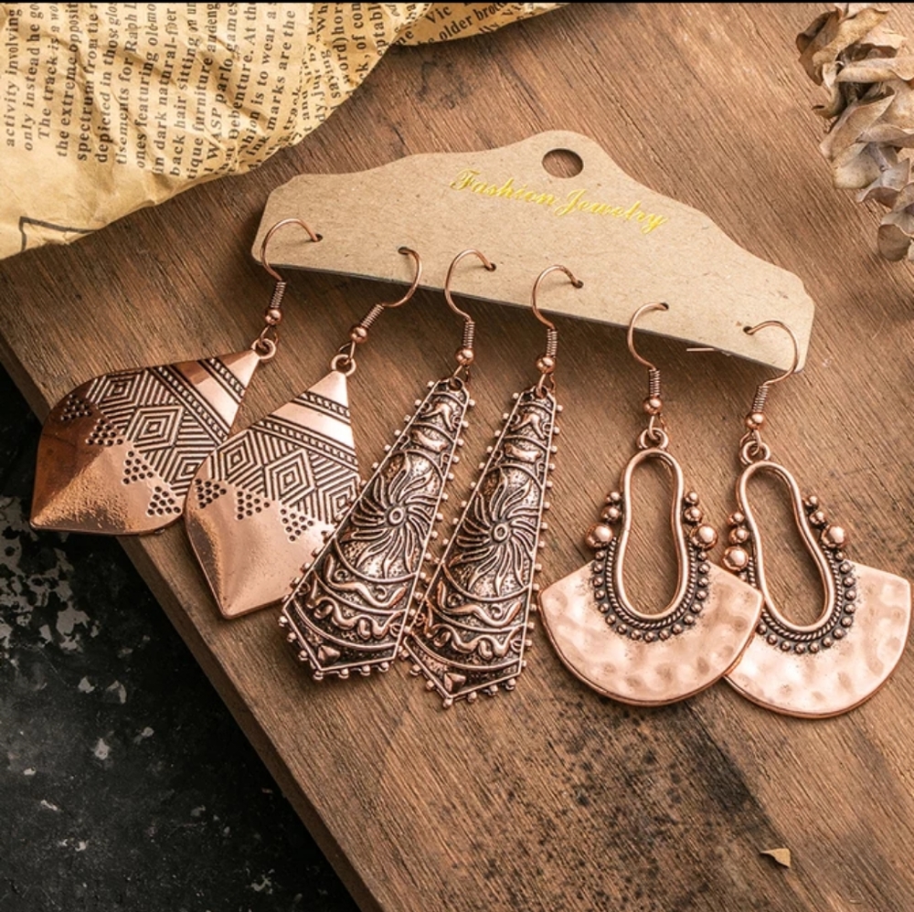 B2G1 Vintage Coper 3 Pair Tribal Bohemian Earrings